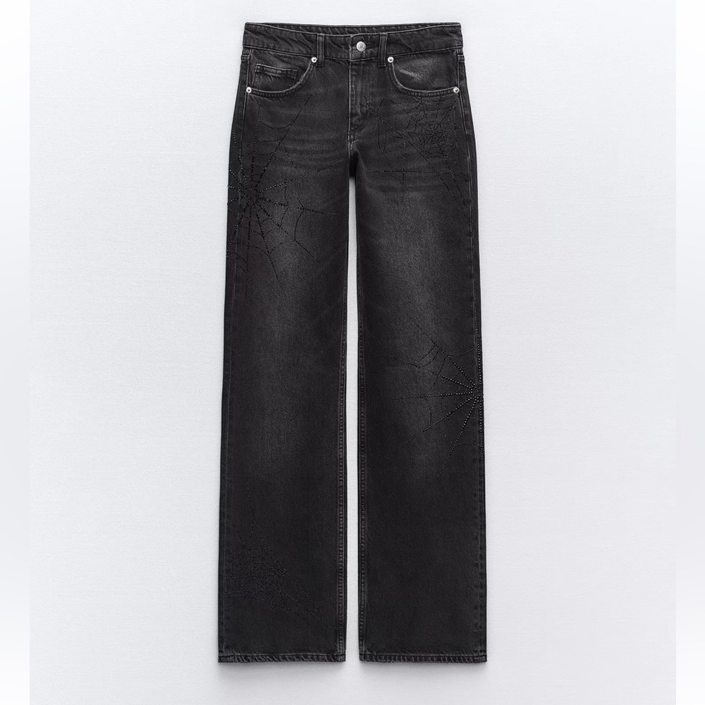 ZARA RHINESTONE SPIDER WEB MID WAIST WIDE LEG JEANS